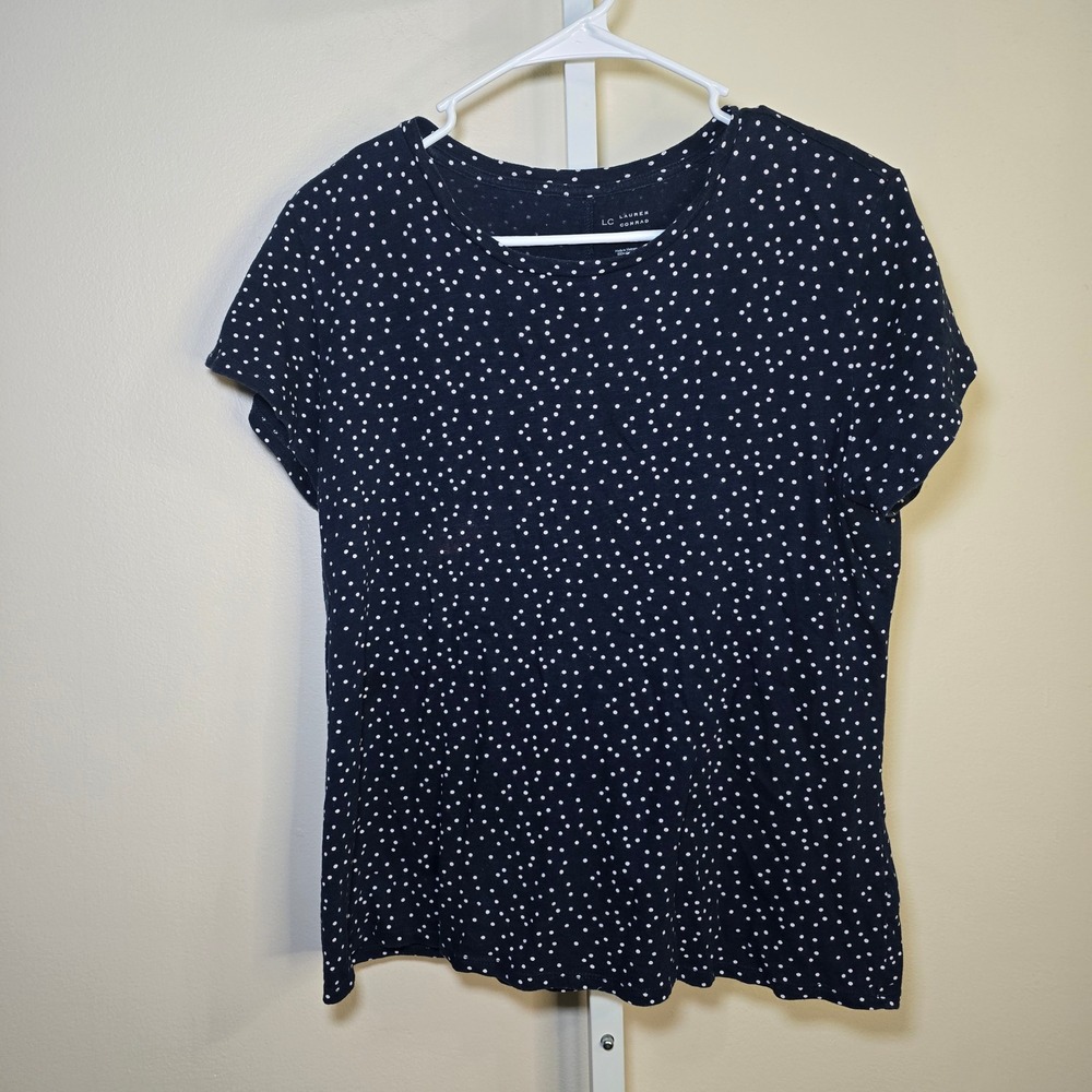 LC Lauren Conrad Navy Blue Polka‎ Dot Short Sleeve Cotton T-Shirt Womens Large